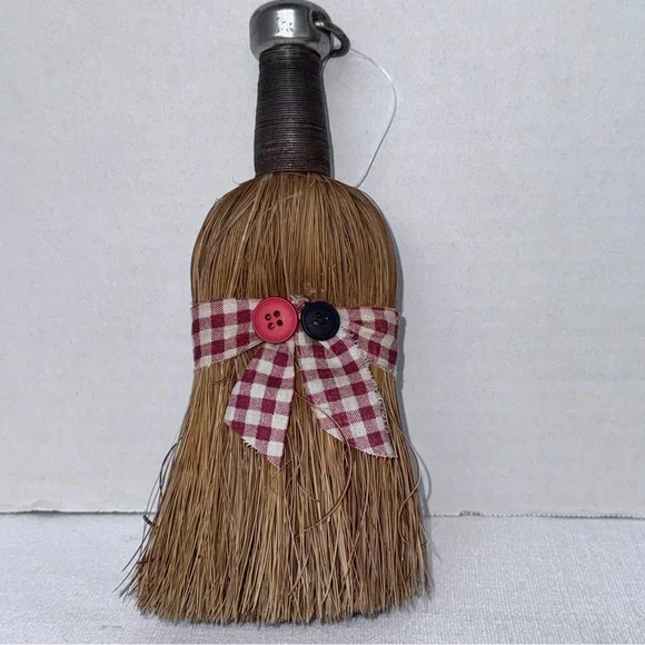 Vintage Whisk Broom Primitive USA Burgundy Check Ribbon Holiday Decor - Picture 9 of 16